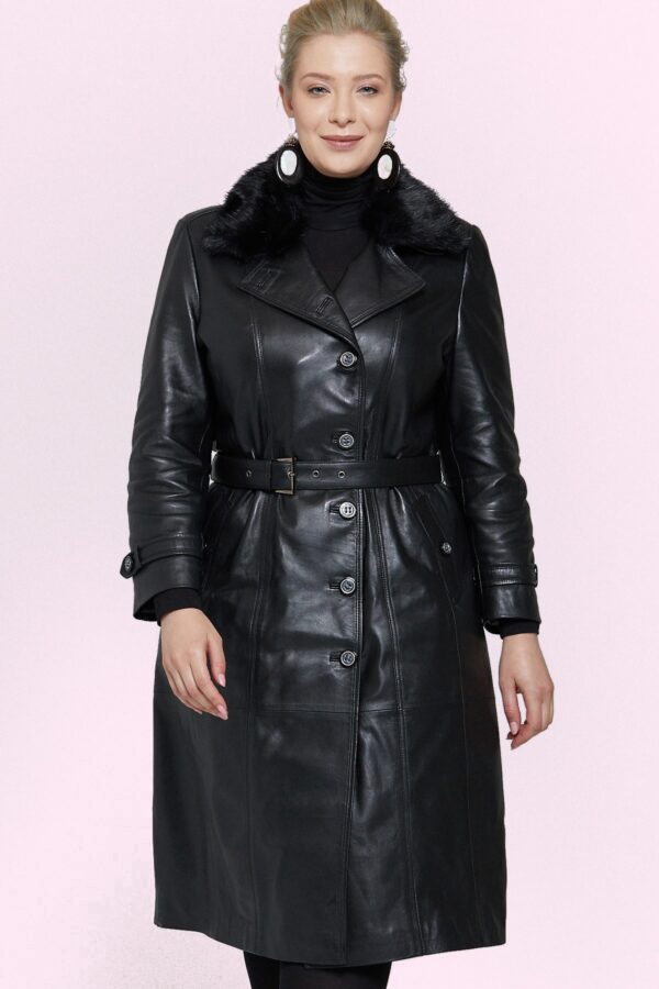 Black Longchamp Women's Leather Fur Trench Coat