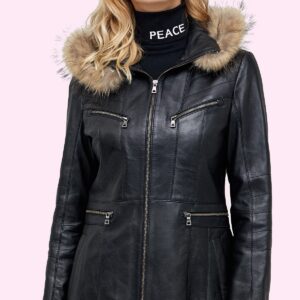 Black Woman Leather Fur Trench Coat