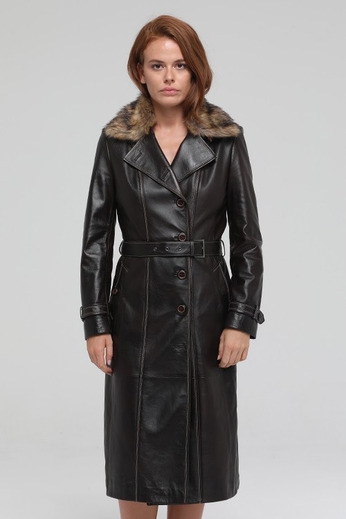 Brown Brenda Woman Leather Fur Trench Coat