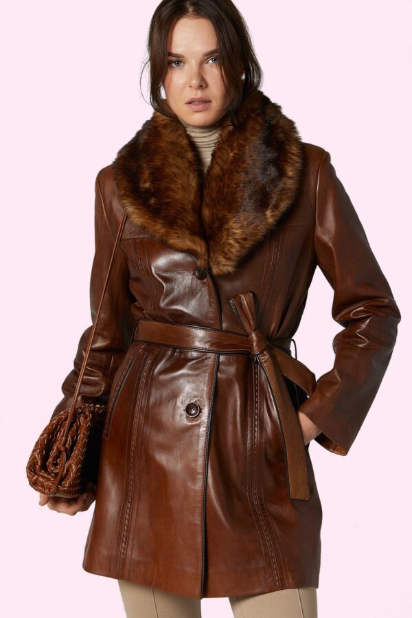 Brown Mayfair Women's Leather Fur Trench Coat