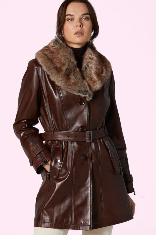 Brown Rhoda Women's Leather Fur Trench Coat