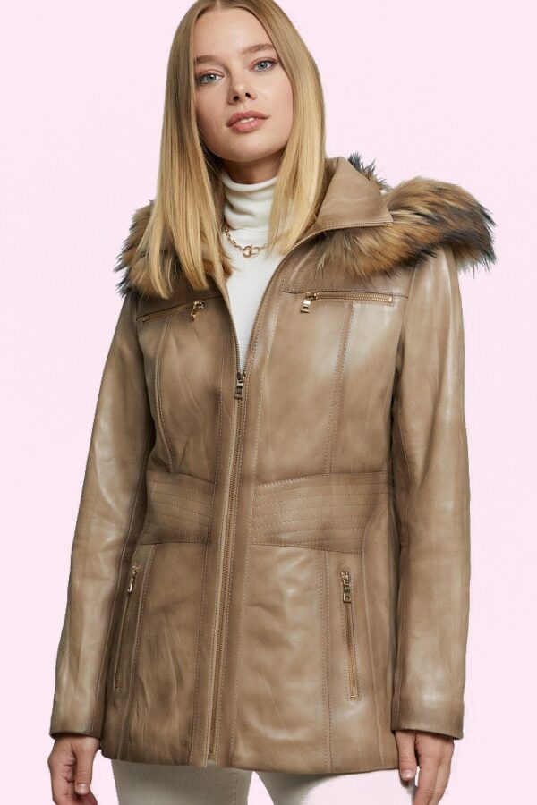 Cream Angela Women's Leather Fur Trench Coat