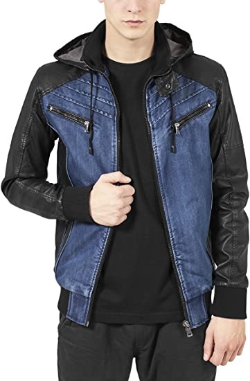 Urban Classics Mens Hooded Denim Leather Jacket
