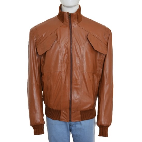 Men's Four Pockets Slim Fit Bomber Leather Jacket .