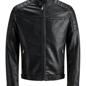 jack jones black biker Leather Jacket