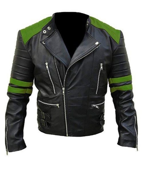 Biker Green Striped Leather Jacket - dollarjackets