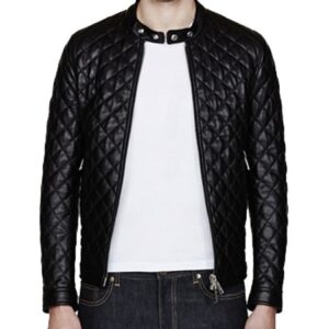 Mens quilted black bomber leather jacket