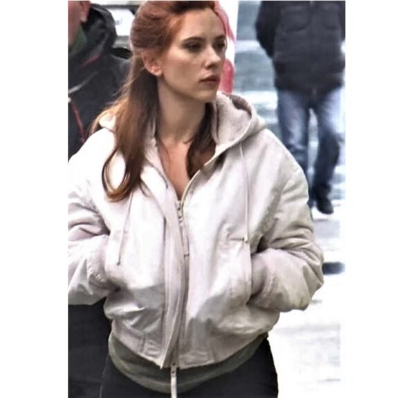 Scarlett Johansson White Jacket With Hooded Collar