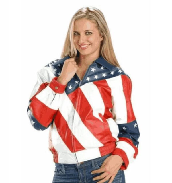 American Flag Women's Leather Jacket mastered casual tailoring and long-lasting materials. The combination of stripes and stars, which makes it a very American outfit, is its most enticing aspect.