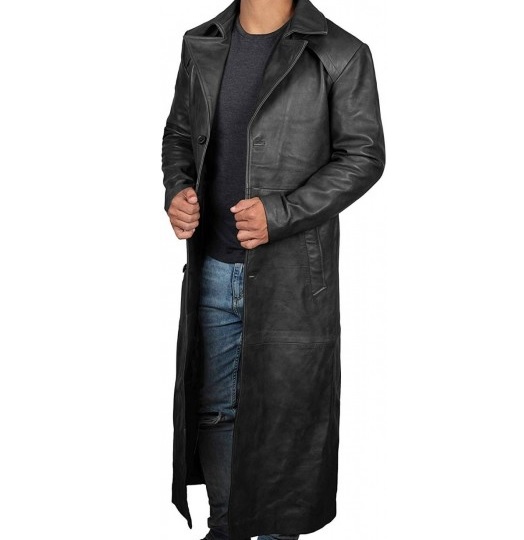 Men's Leather Black Winter Trench Coat