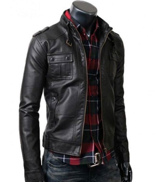 Men’s Strap Collar Casual Wear Slim Fit Black Leather Jacket