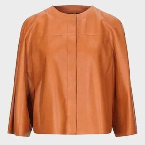 Women's Tan Collarless Leather Jacket