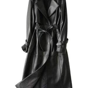 Ladies Black Fine Grain Lambskin Trench Leather Coat (1)